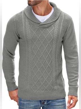Men's Gray Cable-Knit Shawl Collar Sweater